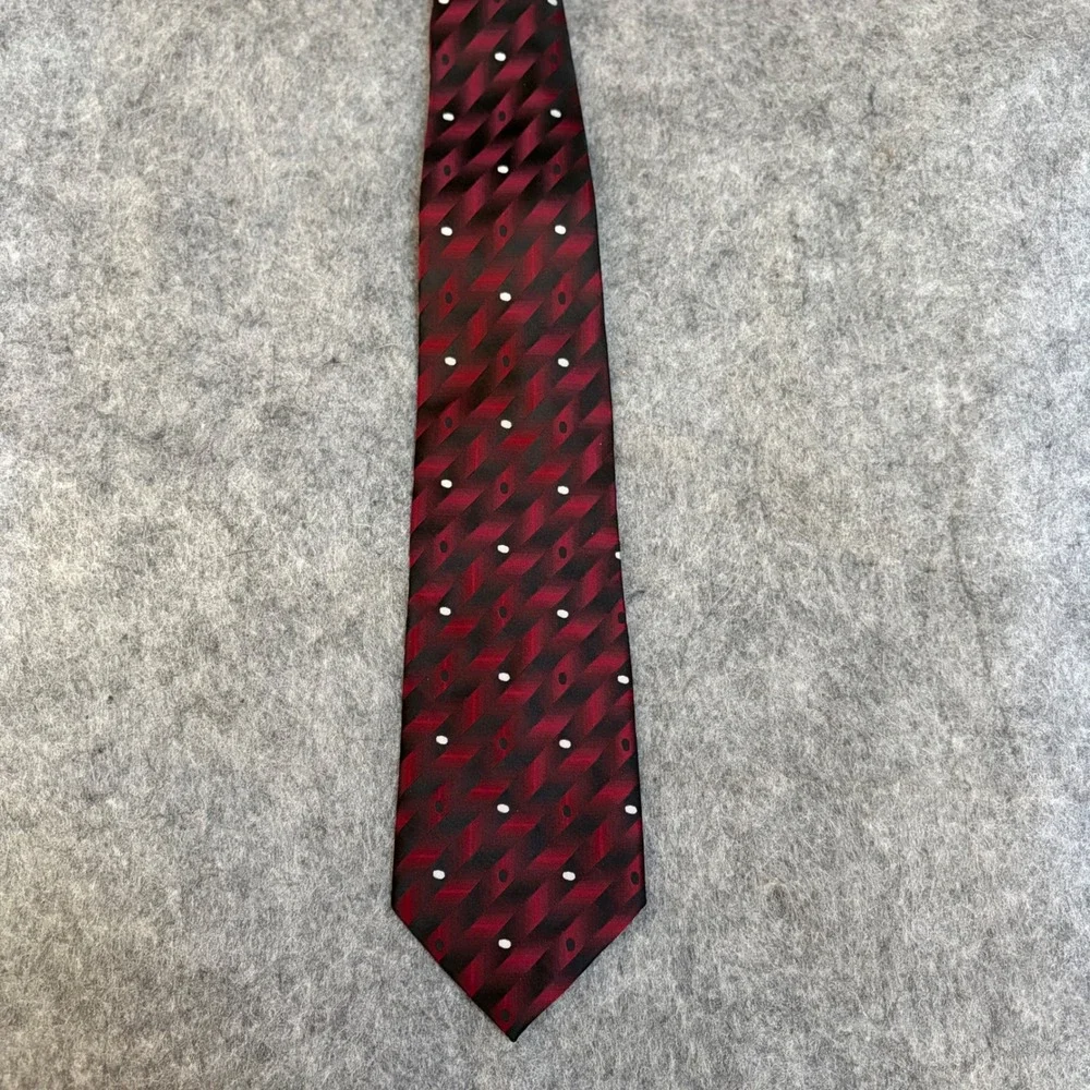 Joseph & Feiss International Silk Tie Burgundy Red Black Geometric Polka Dot EUC